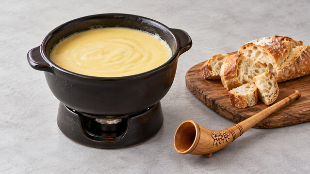 Ceramic cheese fondue pot with melted cheese, bread and carved alphorn, cozy dining concept
