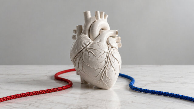 Ceramic anatomical heart model on white stone worktop with cords