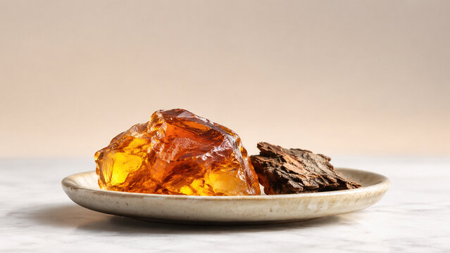 Amber resin piece and bark fragment on ceramic dish, studio banner with soft background, natural wellness and earthy spa concept
