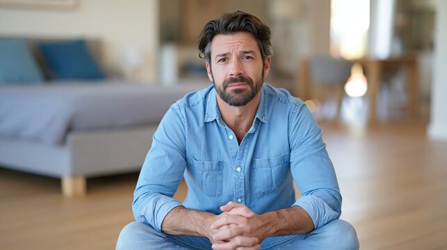 Man with worried expression sitting indoors in a home environment.
