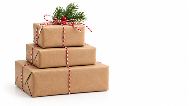 Stack of brown paper gift boxes tied with red and white string and pine sprig