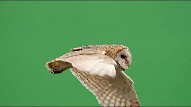 Barn owl flying against a green screen background