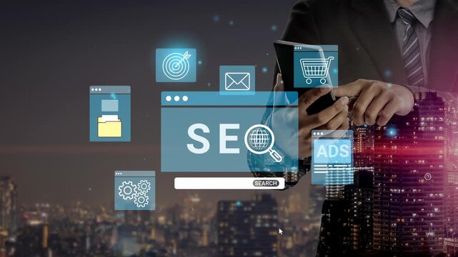 Business professional managing online marketing strategies with SEO, digital ads, and technology solutions in a city skyline background at night. Entropy.