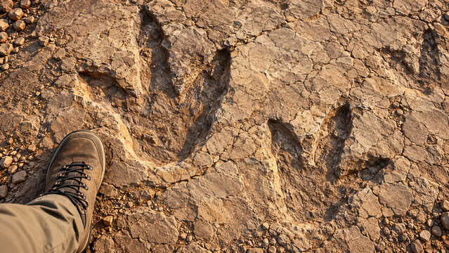 Fossilized dinosaur footprints in ancient rock with boot for scale, paleontology and discovery concept