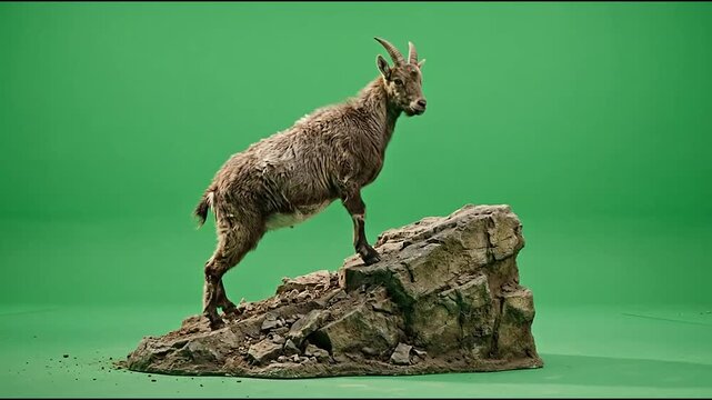 Mountain Goat Climbing Rocky Terrain Isolated on Green Screen