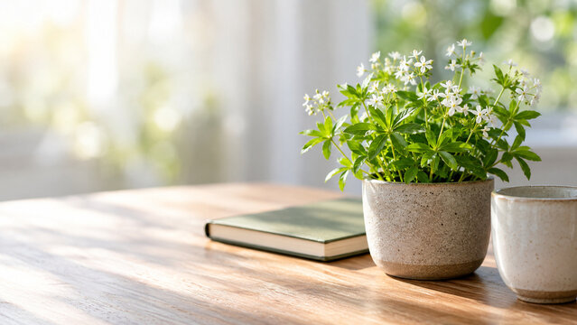Potted woodruff plant with notebook and ceramic cup on desk, calm workspace