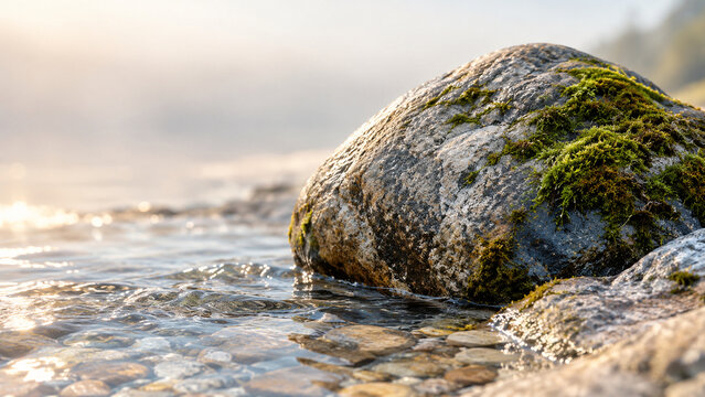 River boulder beside clear water channel with moss, natural stone and water concept