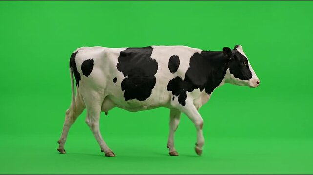 Holstein cow walking isolated on a green screen chroma key background