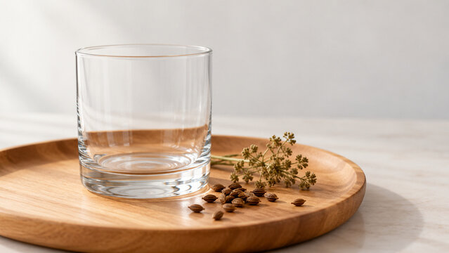 Empty glass tumbler on wooden tray with anise seeds and dried herb, simple drinkware concept