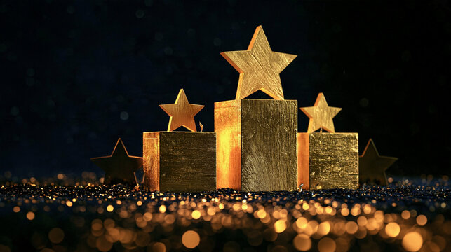 Golden Triumvirate: A set of golden stars rests upon stylized pedestals, bathed in a soft, ethereal light, symbolizing success, recognition, and excellence.
