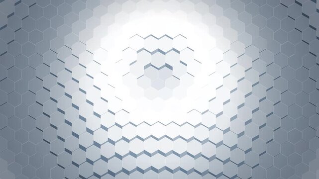 A premium 4K seamless 10-second looping motion graphic. Features a perfectly balanced medium shot of a clean 3D white hexagonal grid undulating in concentric radial waves, rendered using pseudo-isomet