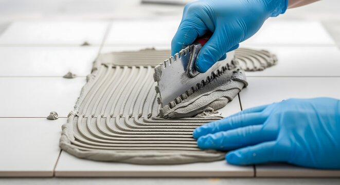 Worker spreads adhesive cement mortar on floor tiles using a notched trowel