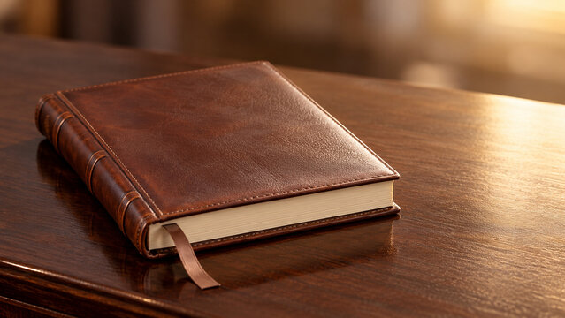 Leather guestbook on wood reception desk, hospitality and event welcome concept