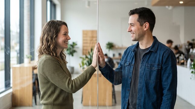 Two Friends Separated by a Transparent Screen Reaching Toward Each Other