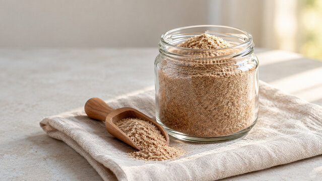 Glass jar of psyllium husk powder with wooden scoop, natural fiber supplement concept