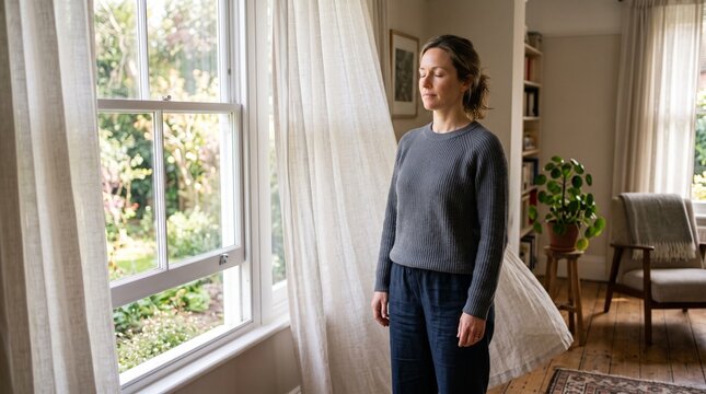 Woman Practicing Deep Breathing Near an Open Window