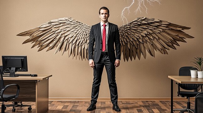 Successful and ambitious businessman with large wings standing in a modern office workplace representing leadership vision and career growth
