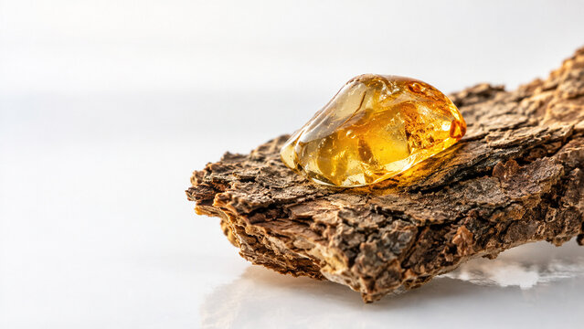 Golden copal resin drop on tree bark against white surface.