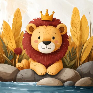 Cute cartoon lion wearing a golden crown sitting by the river in a jungle.
