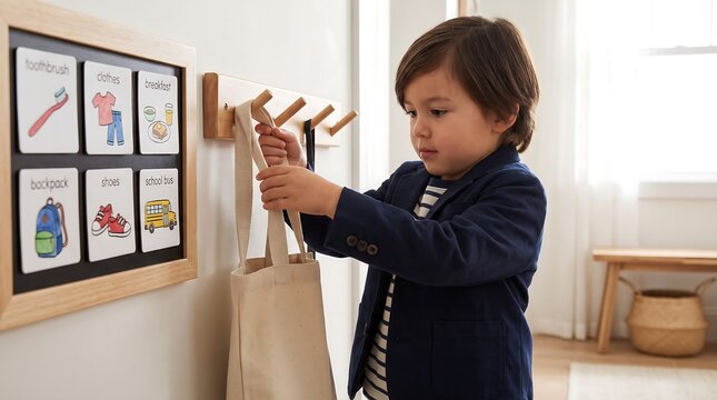 Child Hanging Clothes Independently During Morning Routine