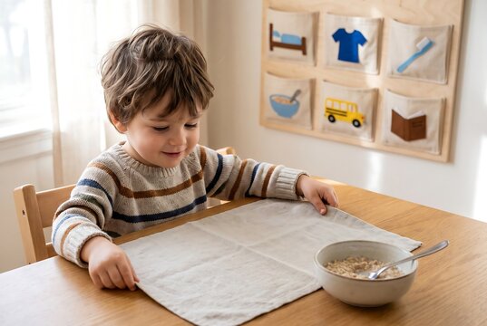 Child Eating Breakfast Independently During Morning Routine