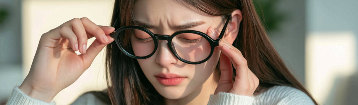 Concentration and Focus: A young woman with long dark hair adjusts her round glasses, her brow furrowed in deep concentration as she focuses on her task.