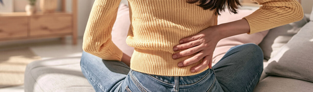 Back Pain Distress: A young person experiences acute lower back pain, clutching their back in discomfort while sitting on a couch at home, highlighting the struggle of chronic pain