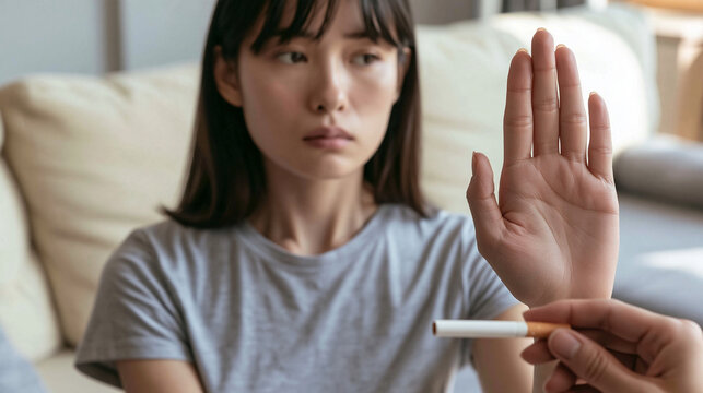 Refusal to Smoke: A woman firmly holds up her hand in a gesture of refusal, rejecting a cigarette offered to her, symbolizing the decision to quit or resist addiction.