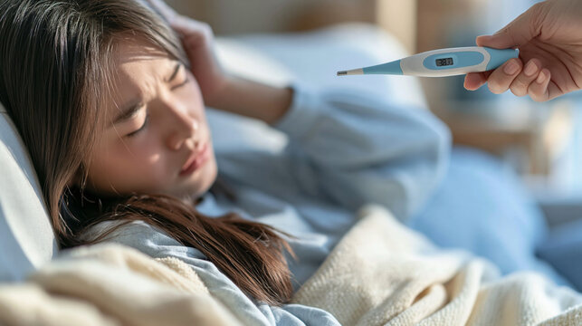 Feverish Discomfort: A young woman lies in bed, her face contorted in discomfort as she clutches her head, a thermometer held nearby indicating an elevated temperature.