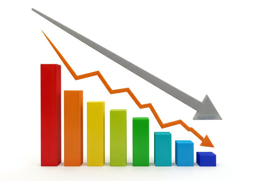 Decline in performance illustrated by bar and line graph combination isolated on white background