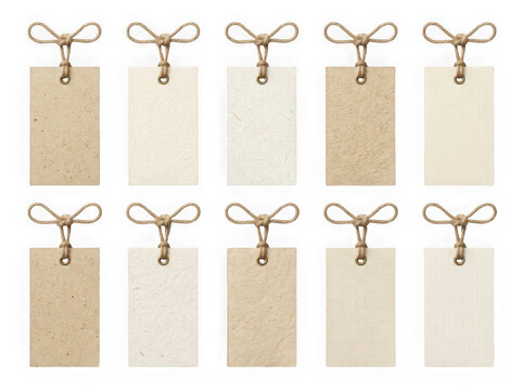 Set of ten blank cardboard gift tags with jute twine string bows for retail sales and rustic product labeling design isolated on transparent background