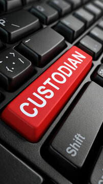 Custodian Key: A close-up view of a computer keyboard highlights a prominent red key labeled CUSTODIAN, symbolizing responsibility and digital management.