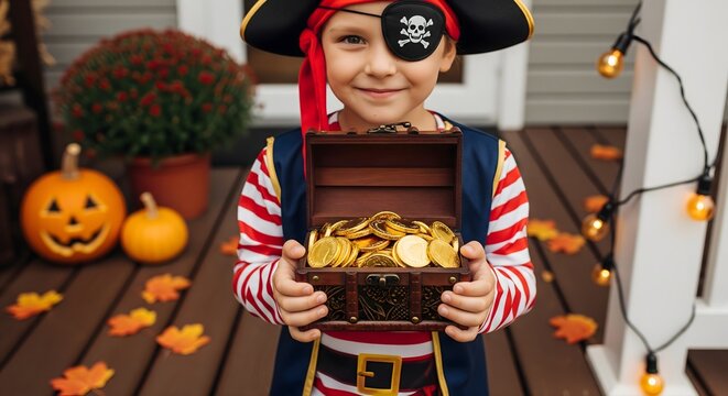 Young boy wearing pirate costume holding gold treasure chest at Halloween