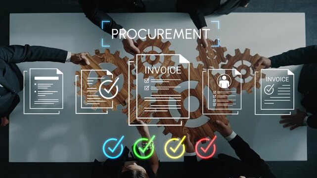 Team Collaboration in Procurement Process with Gears, Invoices, and Checkmarks Symbolizing Efficiency and Organization in Business Transactions Gluon.