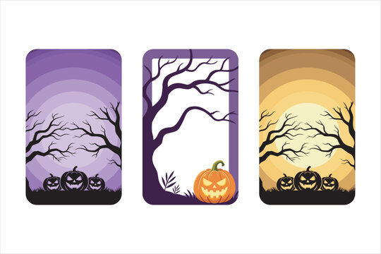 Halloween greeting card templates set with jack o lantern pumpkins, spooky trees. Vector illustration. 