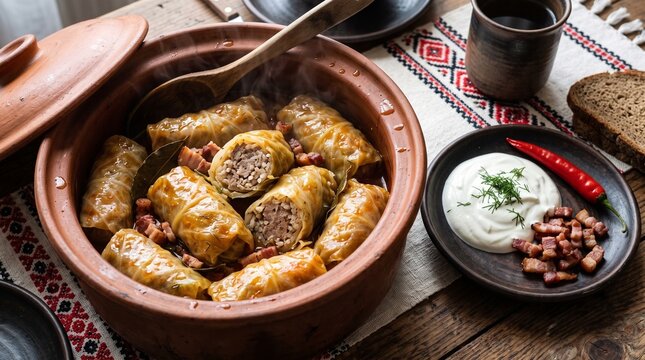 Traditional Romanian Sarmale Cabbage Rolls with Smantana