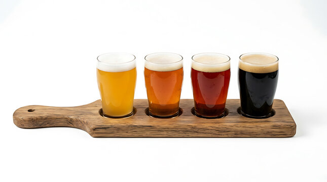 Four craft beer glasses served on a rustic wooden paddle board