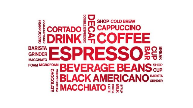 Espresso coffee animated word cloud-animation tag kinetic typography seamless loop.