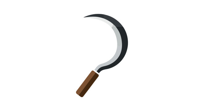 A sharp metal sickle with a wooden handle isolated on a white background