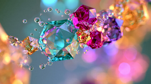 Crystal formation abstract: Macro shot of a dynamic crystallization process, showing vibrant, geometric crystal structures with a liquid element, suggesting growth and transformation.