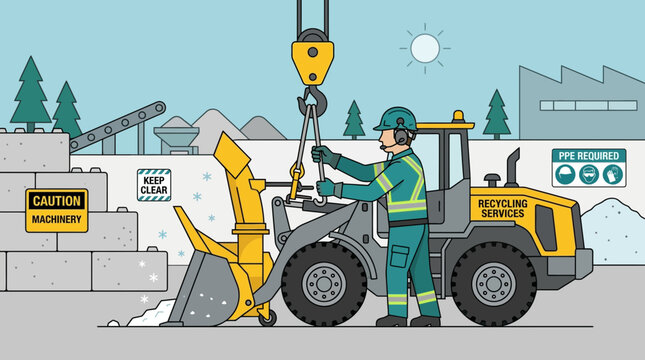 Worker operating snow blower attached to front loader with recycling services logo