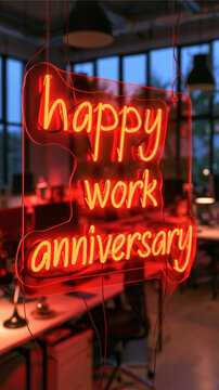 Happy Work Anniversary Neon Sign: A vibrant red neon sign in an office setting wishes happy work anniversary, glowing brightly amidst the workspace ambiance.