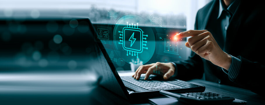 AI data center energy consumption concept with business professional using laptop and virtual power chip interface showing servers, battery storage, renewable electricity and smart energy management
