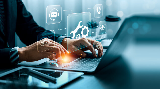 IT support and technical service concept with professional using laptop and virtual maintenance interface showing troubleshooting, customer assistance, system repair and 24/7 service