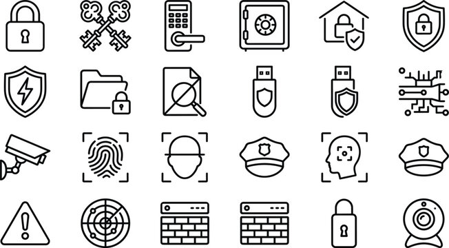 Cyber Security and Privacy Protection Line Icon Set with Padlock Biometric Scanner Safe Firewall and Surveillance Symbols for Data Network Safety Design