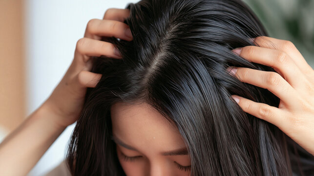 Scalp Itch Relief: A woman's hands gently massage her scalp, indicating an itch or concern about hair health. This image represents discomfort, self-care, and potential solutions.