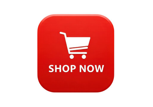 Red shopping cart icon button with text that says shop now isolated on transparent background