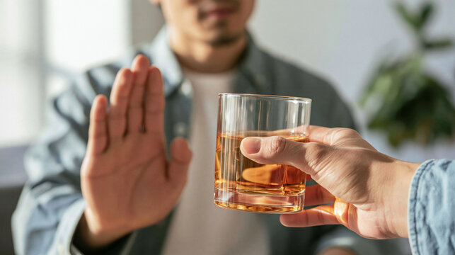 Refusal of Alcohol: A person's hand is raised in a stop gesture, declining an offered glass of amber liquid, symbolizing the choice to abstain from drinking and embrace a sober lifestyle.
