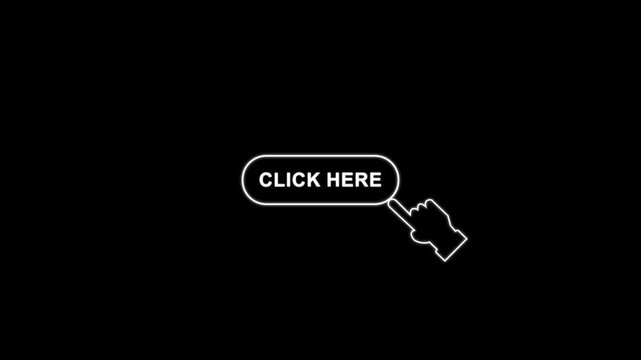 A click here button label with a cursor arrow icon in outlined style on white background for web ui interaction