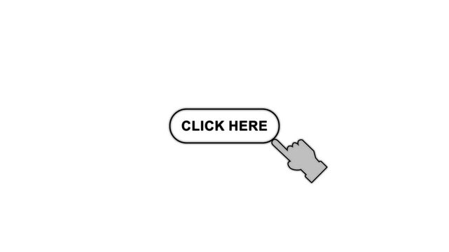 A click here button label with a cursor arrow icon in outlined style on white background for web ui interaction